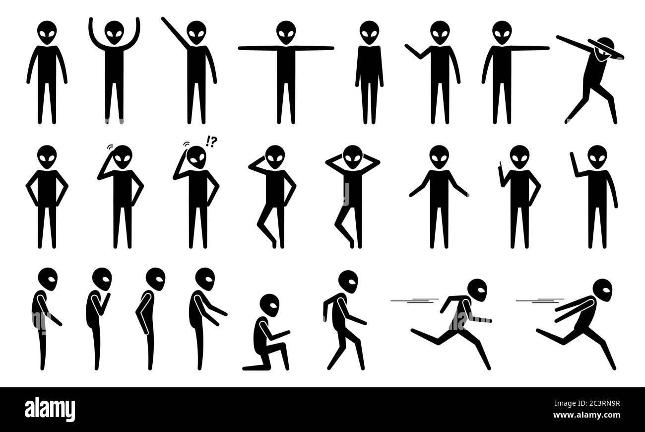 Basic alien UFO body poses and postures stick figure pictogram icons. Vector illustrations of alien standing, moving, talking, walking, running, and o Stock Vector