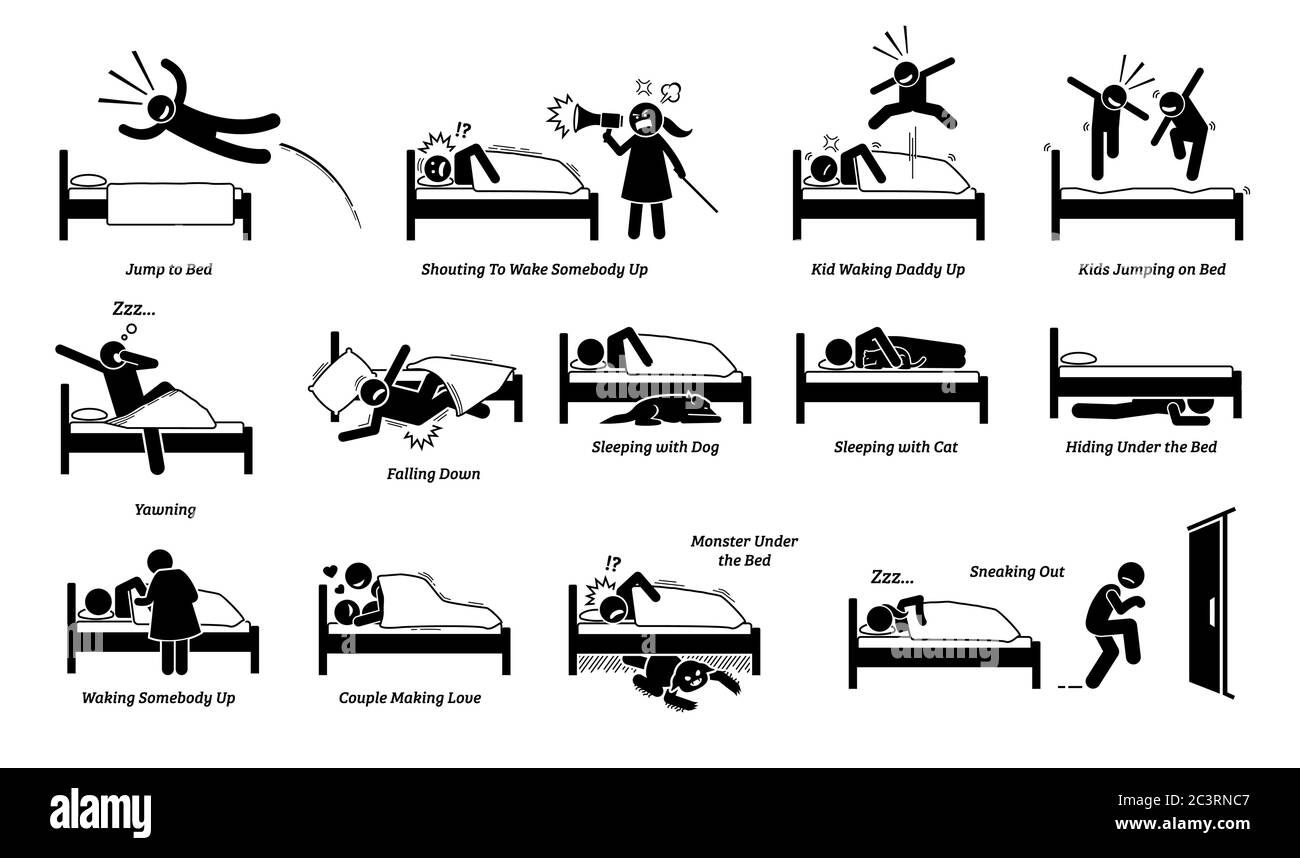 Vector illustrations of things that people do on bed. Cliparts depict man jumping onto the bed. Angry wife and noisy kids waking up a person. People s Stock Vector