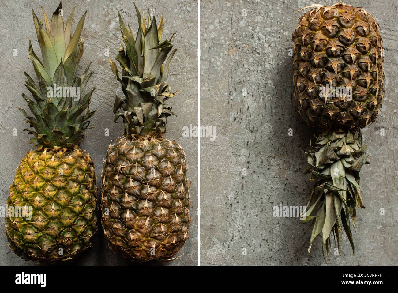 top view of ripe pineapples on grey concrete surface, collage Stock ...