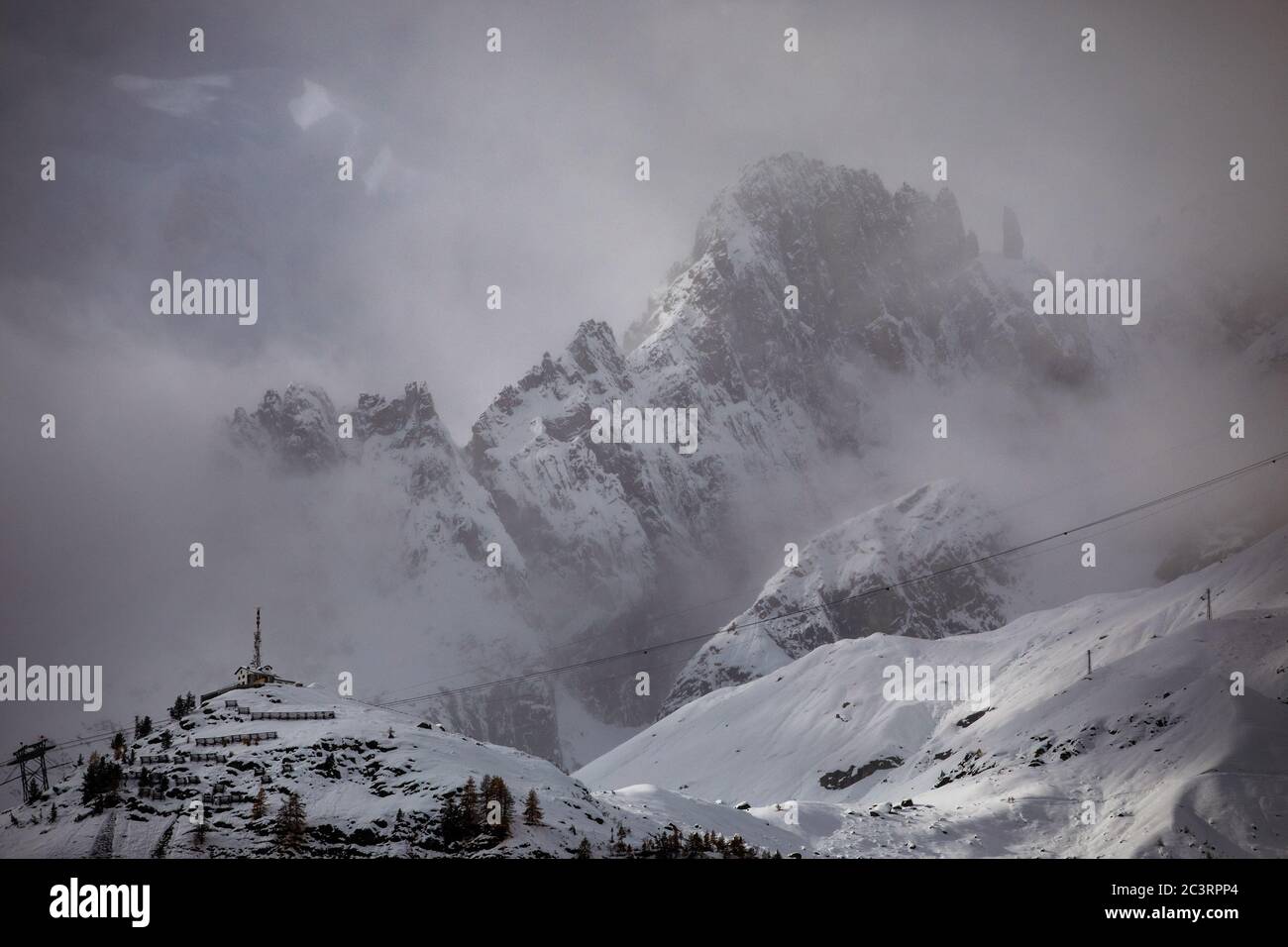 View of a  cable car station on halfway towards Pointe Helbronner, Mont Blanc Stock Photo
