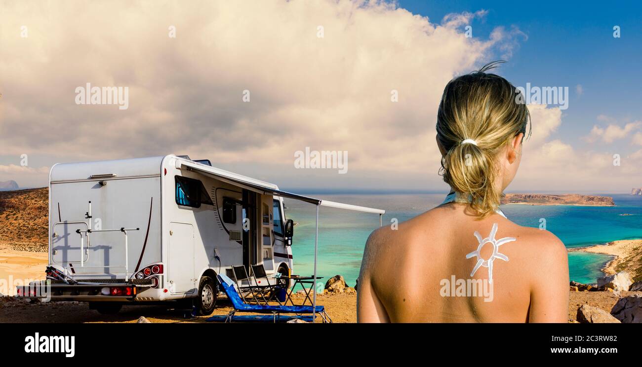 Europe travel attractive tourist girl in camping ground with camper, Greece  summer vacation. Beautiful young happy blonde girl in swimsuits on the bea  Stock Photo - Alamy