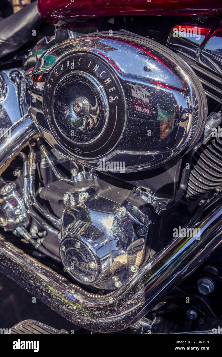 YEREVAN, ARMENIA - Mar 19, 2015: A bit dirty motorcycle engine  fully chromed Stock Photo