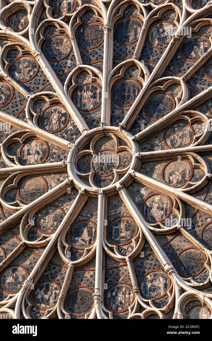 Stained glass window at Notre Dame cathedral, Paris, France Stock Photo