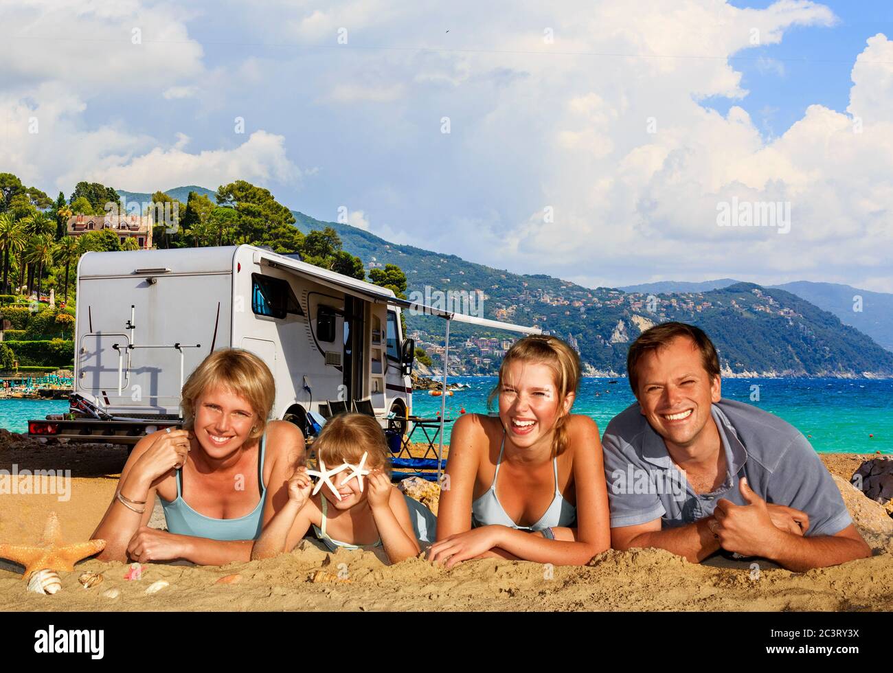 Family Camping Travel With Camper Rv Summer Beach Holidays Happy Smiling Family On Mototorhome Vacation Stock Photo Alamy