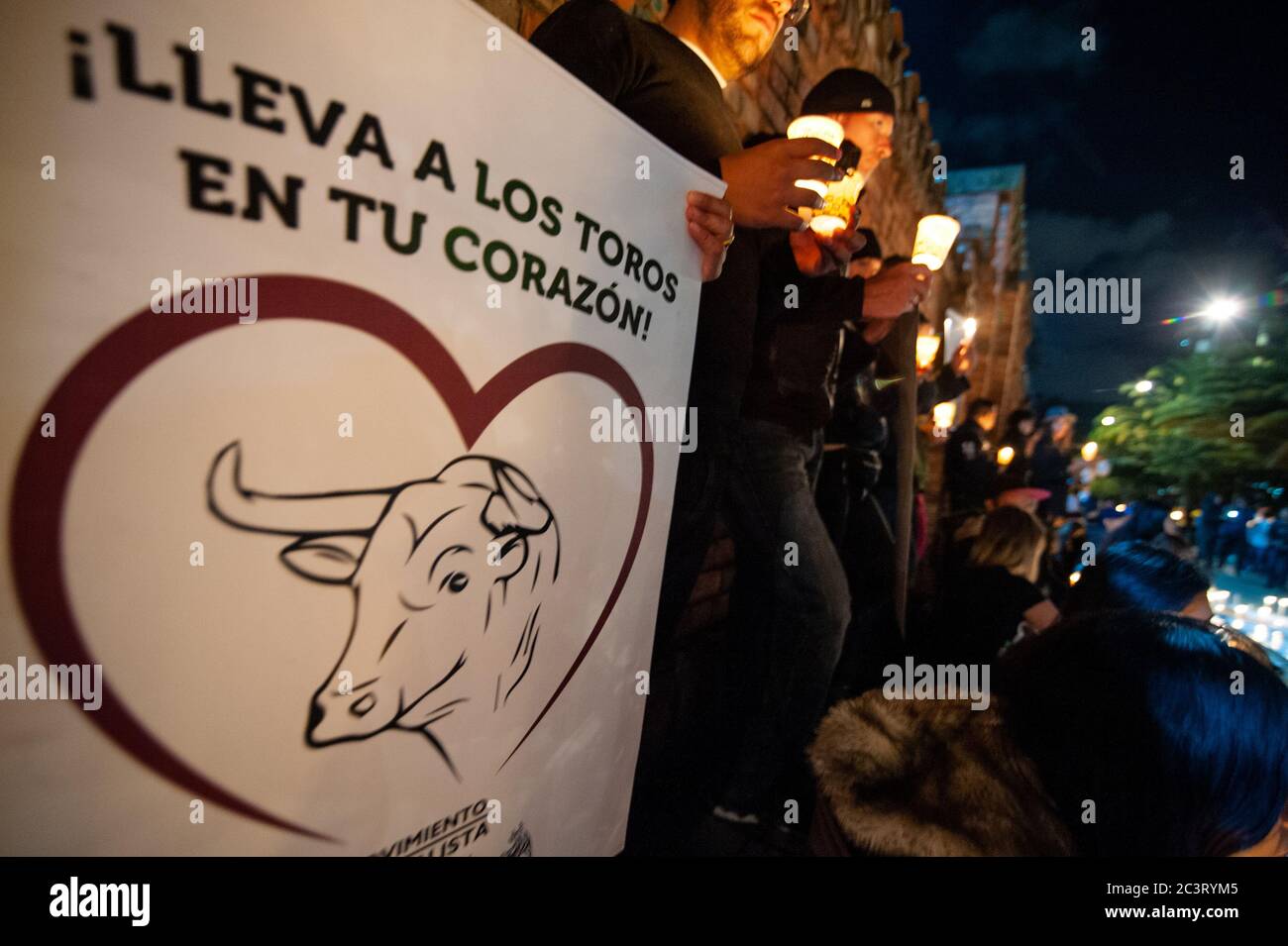 Demonstrators gather at the Santamaria Bullfight ring in Bogota to homenage and protest to stop the bullfighting season that takes places in Bogota du Stock Photo