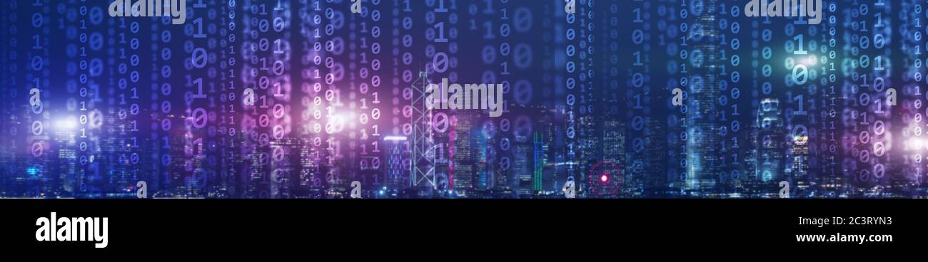 Binary computer code virtual city skyline. Matrix Mixed Media Background. Stock Photo