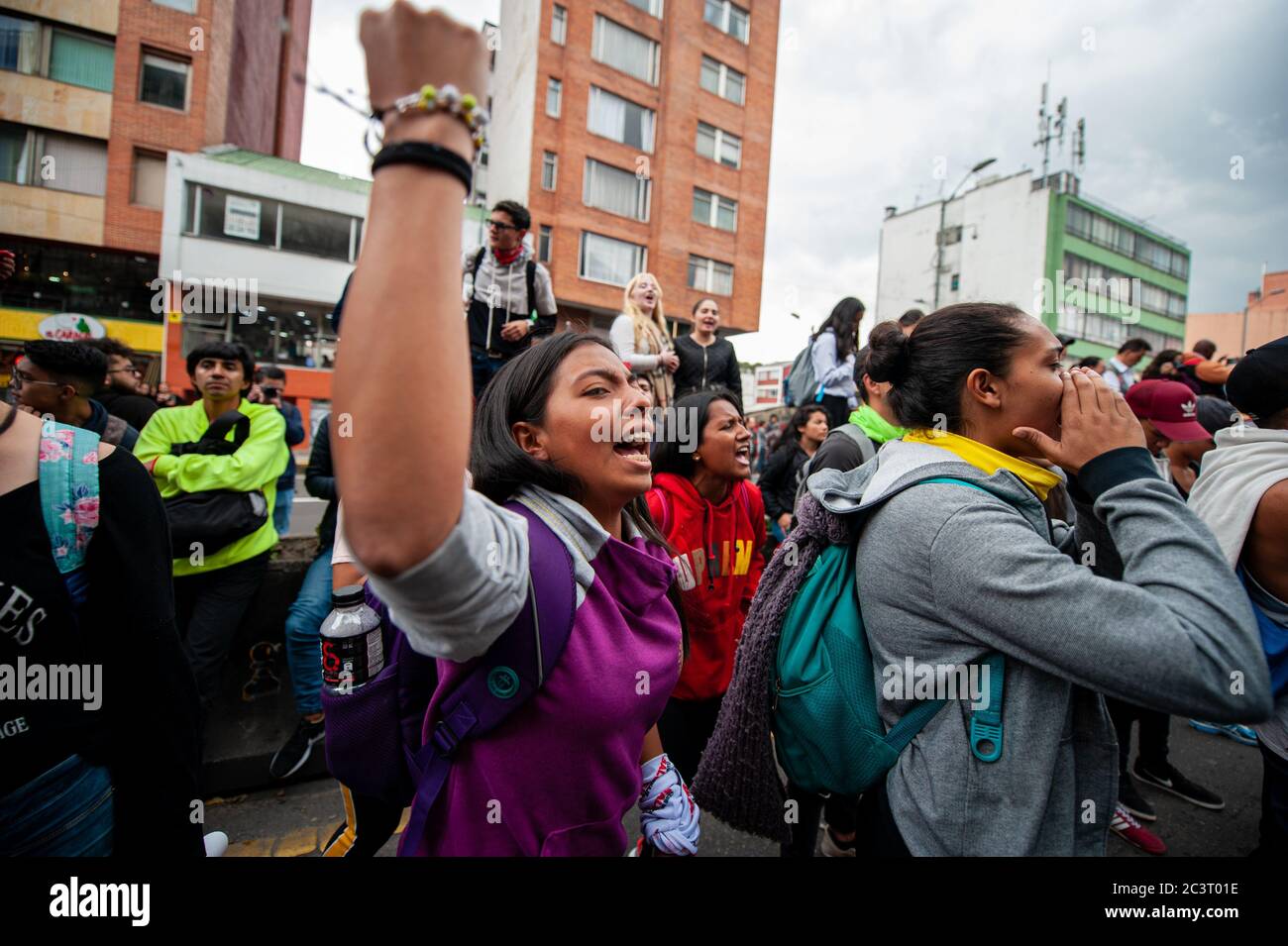 Demonstrations all across Bogota, take place as a protest against police brutality used by the riot squad of Colombia's police, ESMAD, with banners an Stock Photo