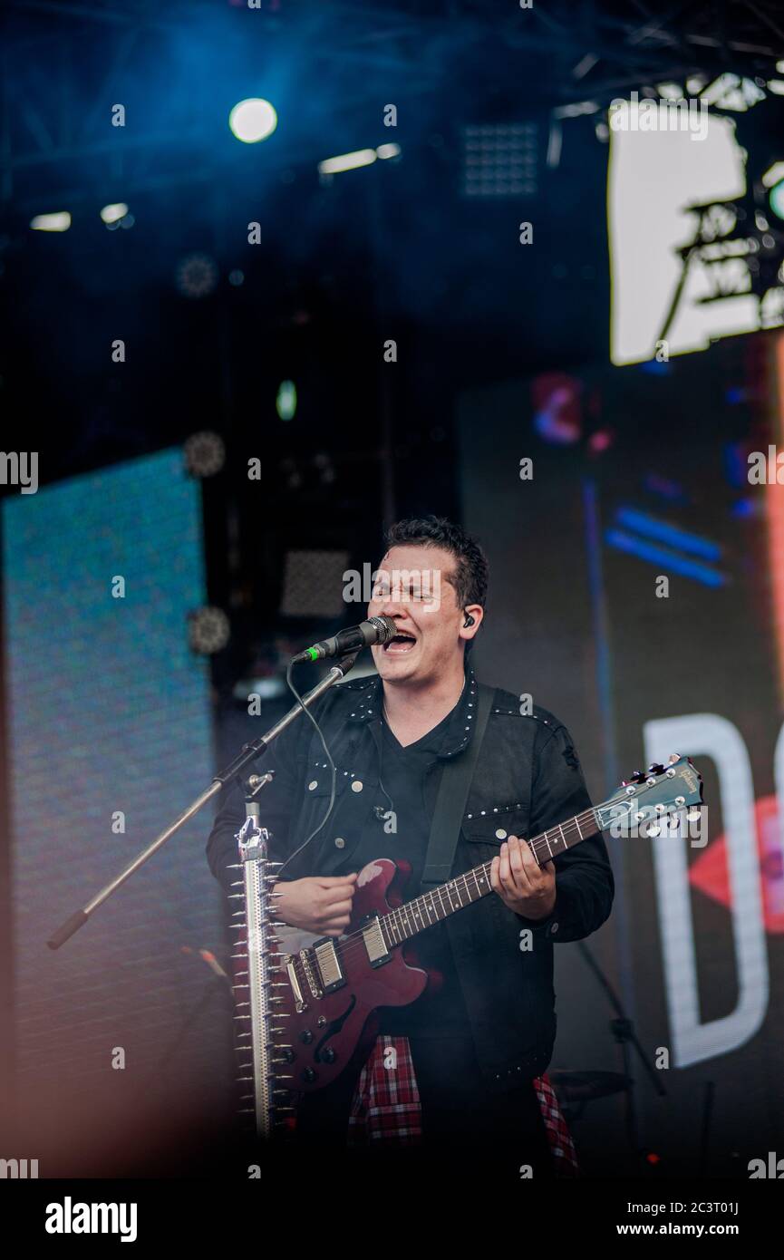 Colombian pop rock band, Don Tetto performs at the annual Tattoo Music Fest in Bogota, Colombia. The Tattoo Music Fest is an event that gathers popula Stock Photo