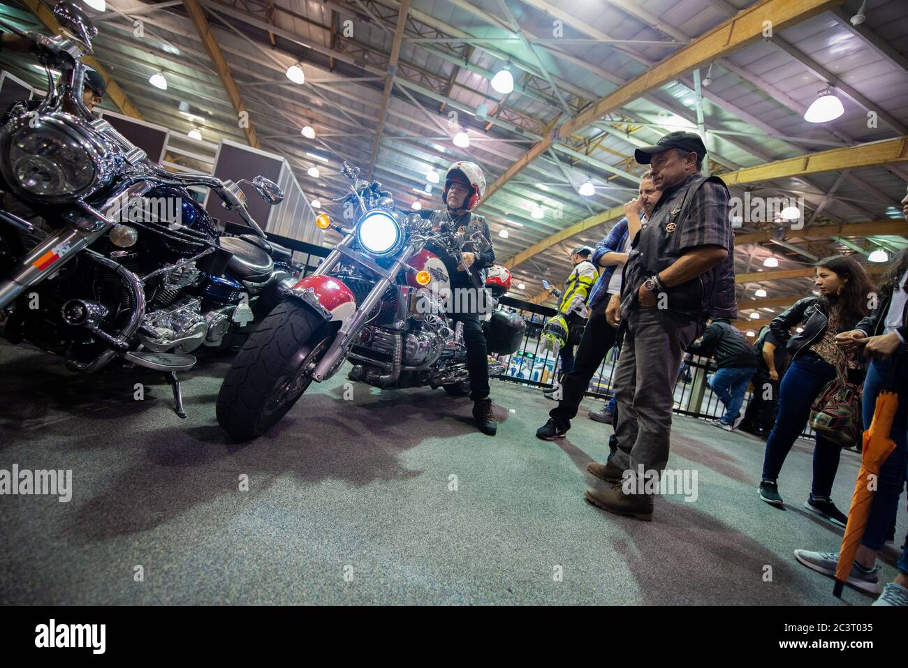 Classic Harley Davidson showroom inside of motoGO fair. This fair happens every two years and gathers fans and enthusiasts of motorcycles in Colombia. Stock Photo