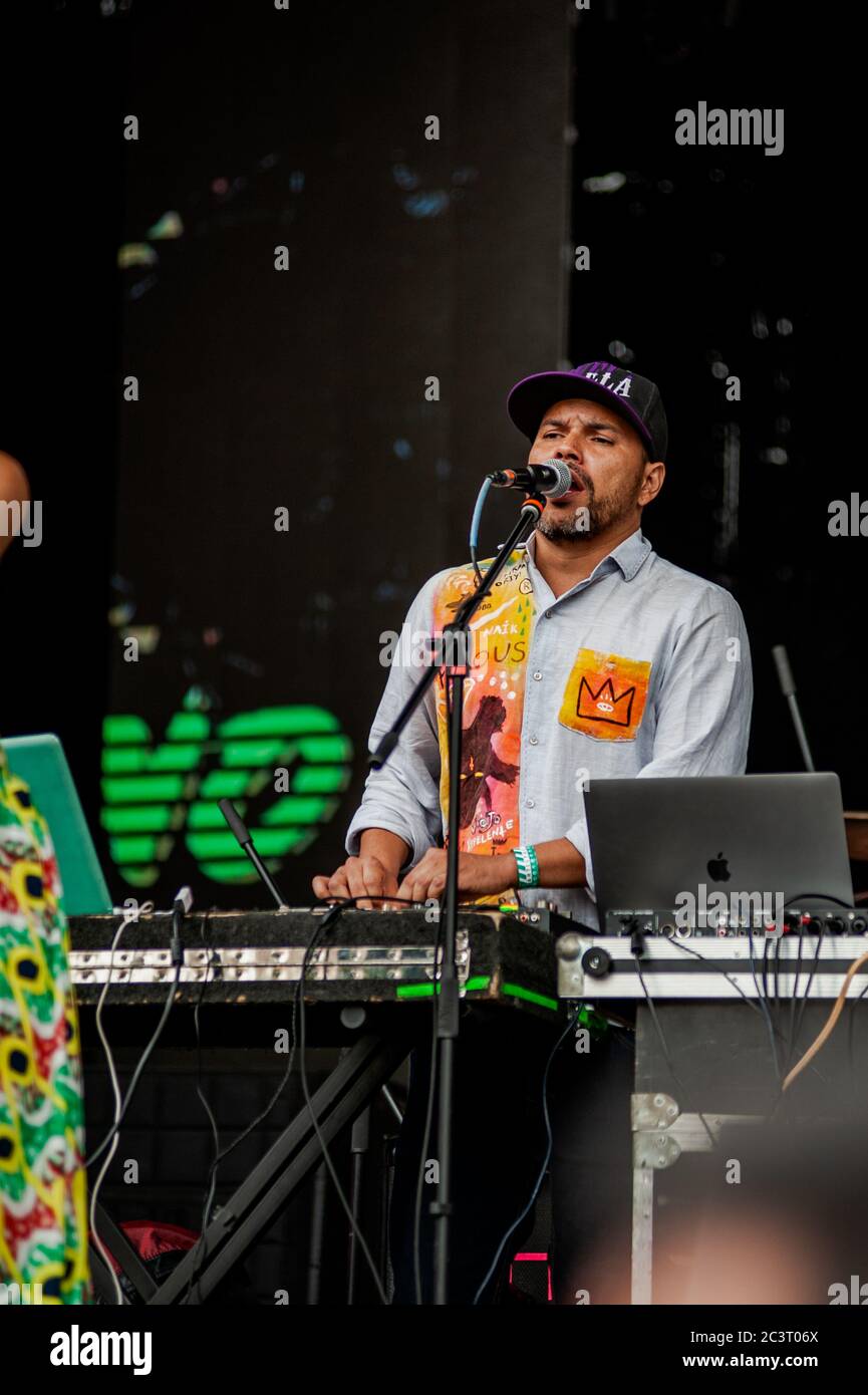 Colombian Hip Hop band, Zalama Crew perfrom at the annual Tattoo Music Fest in Bogota, Colombia. The Tattoo Music Fest is an event that gathers popula Stock Photo