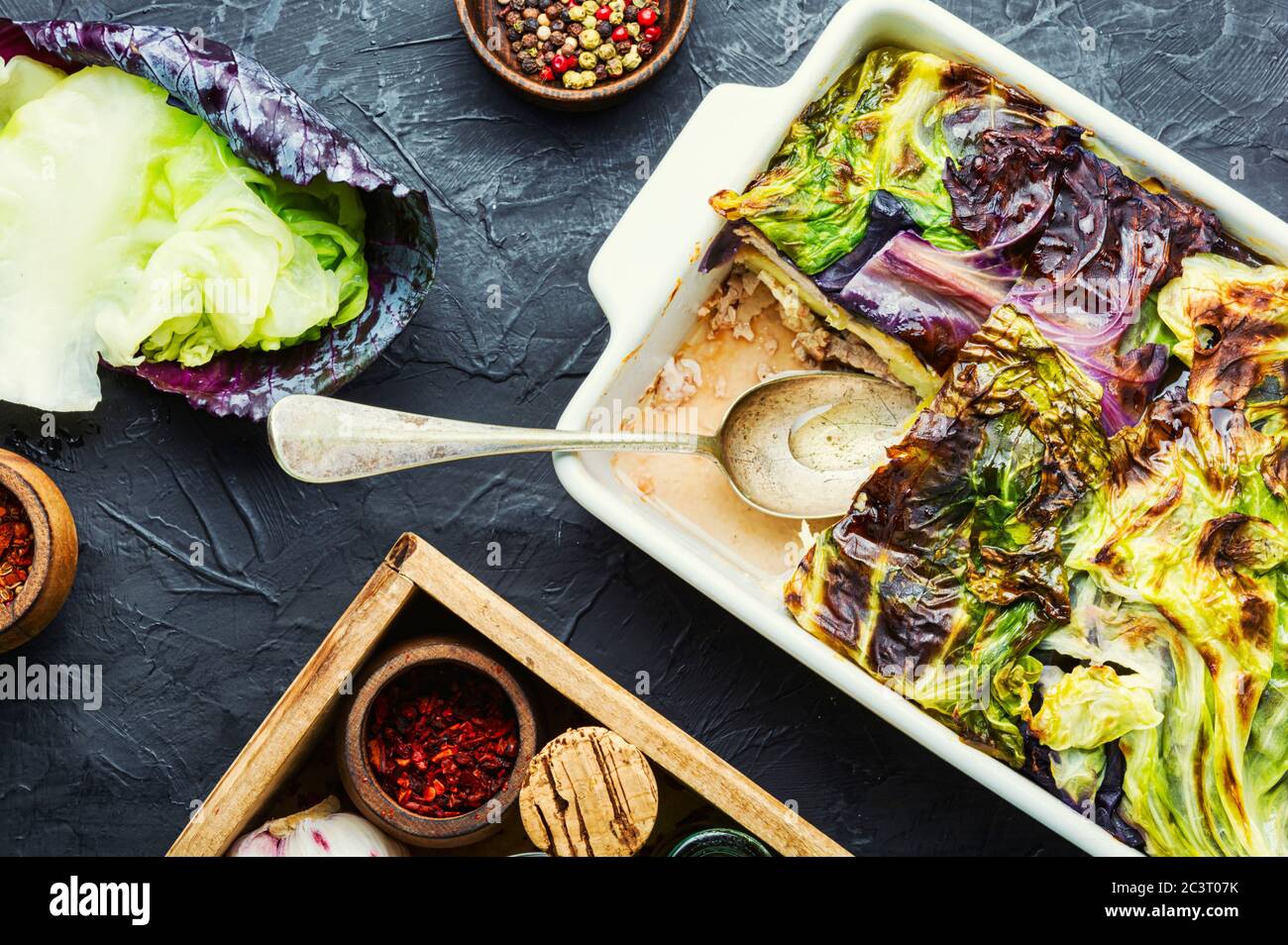 French lean gratin with cabbage.Vegetable gratin.Vegetarian food.Vegetable casserole. Stock Photo