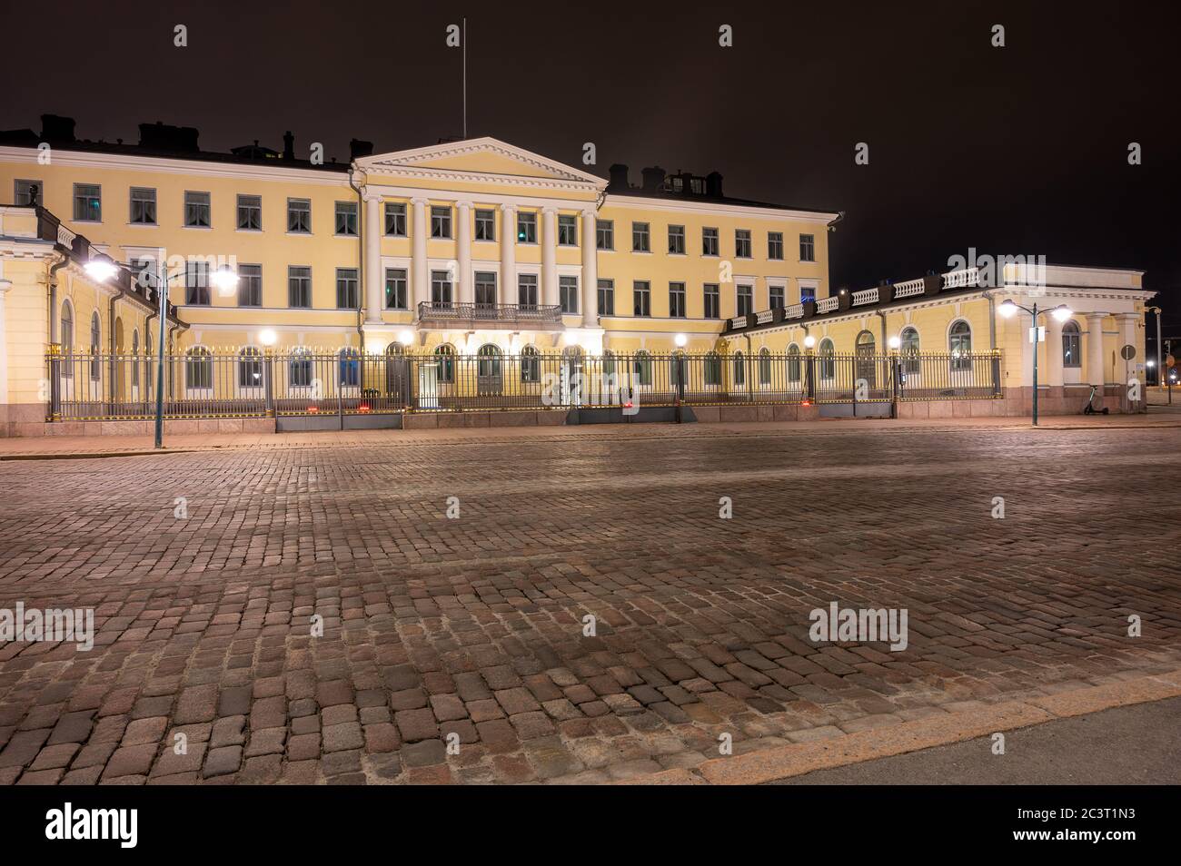 Helsinki / Finland - April 24, 2020: Finnish presidential palace in downtown Helsinki, next to Market Square, photographed during night time. Stock Photo