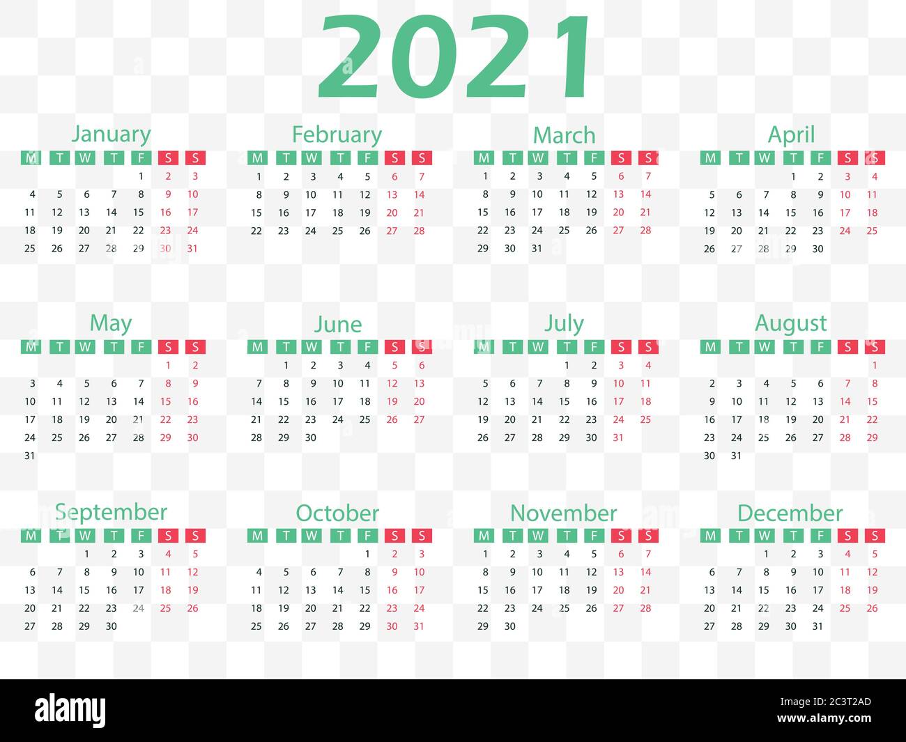 2021 calendar, week starts Monday. Vector illustration