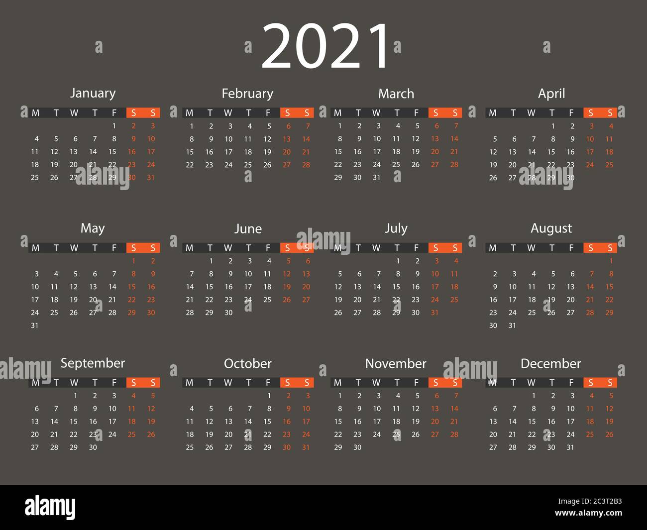 2021 calendar, week starts Monday. Vector illustration, flat design. Stock Vector