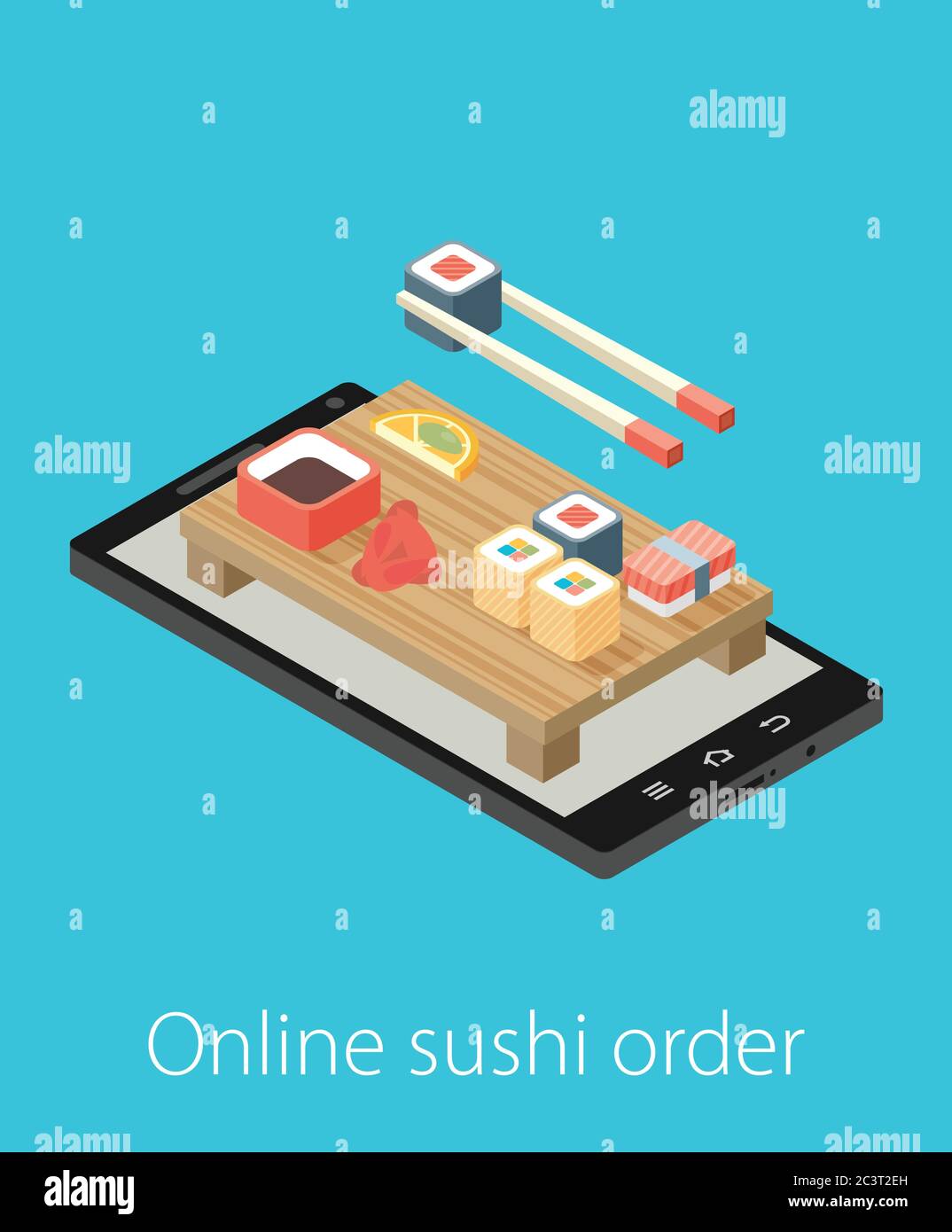 Online sushi order. Flat 3d isometric vector illustration. Stock Vector