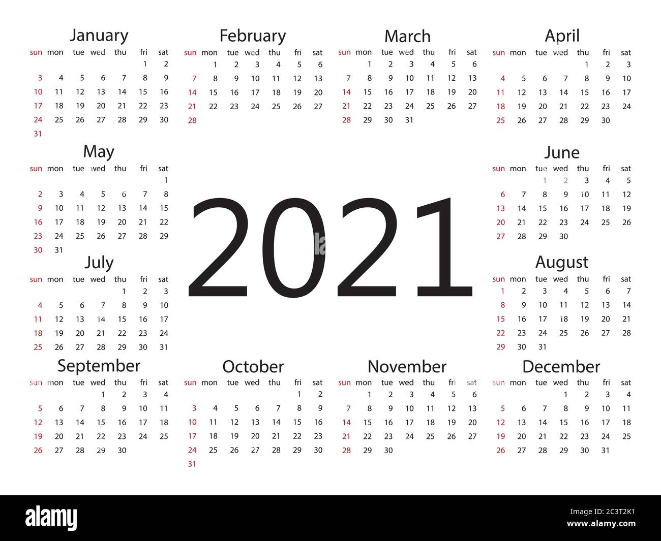 2021 calendar, week starts Sunday. Vector illustration, flat design. Stock Vector