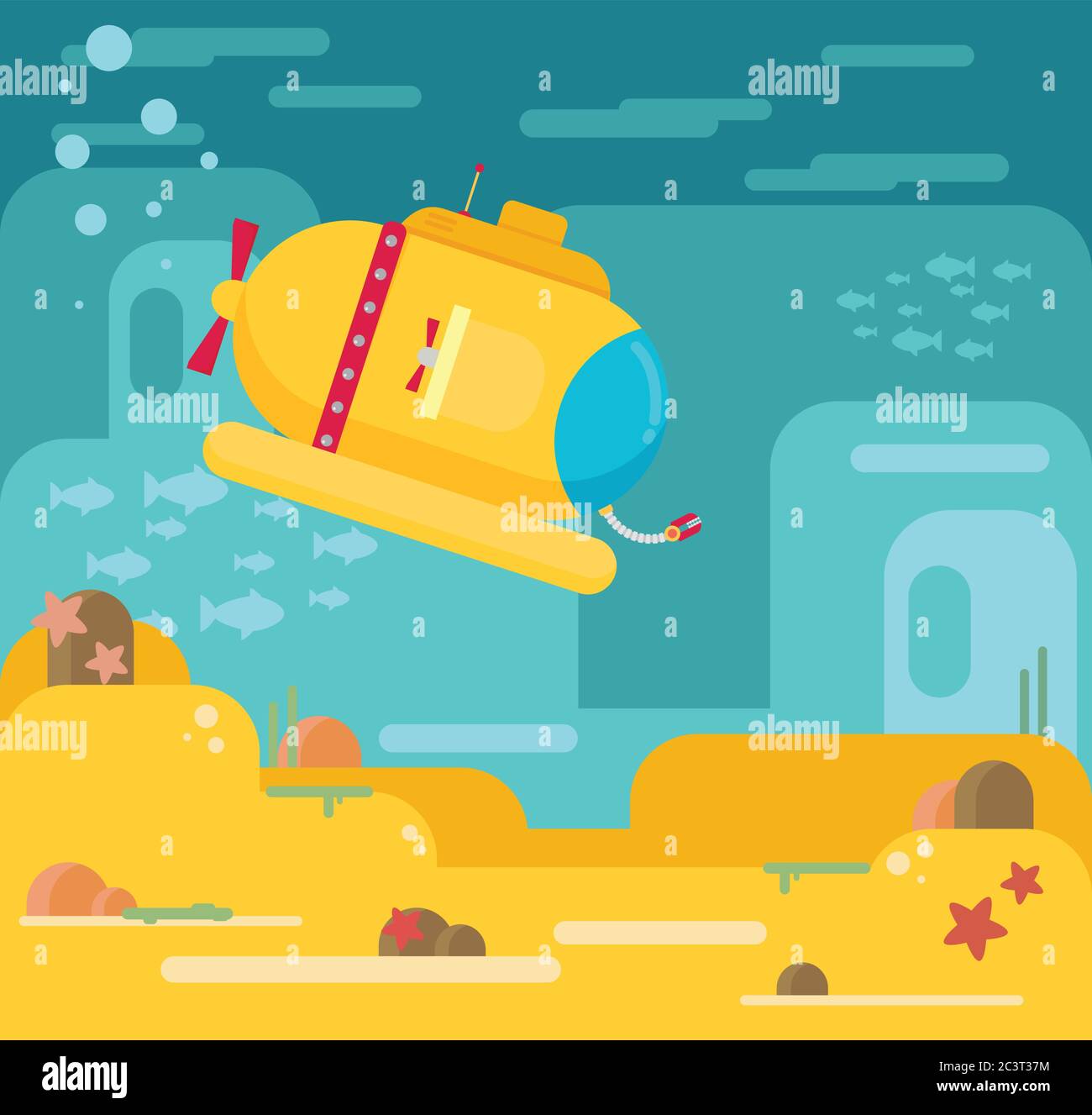 Submarine under water concept vector flat illustration Stock Vector