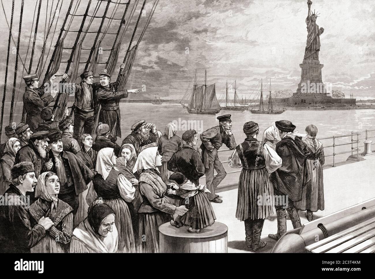 A ship with immigrant passengers of many nationalities passing the Statue of Liberty on Liberty Island in New York harbour, United States of America.  After an illustration by an unknown artist in Frank Leslie's illustrated newspaper, July, 1887. Stock Photo