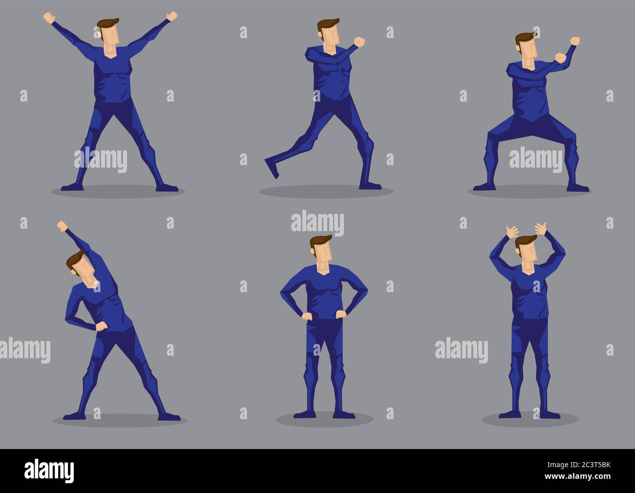 Set of six vector illustrations of cartoon man in blue one-piece skin-tight activewear isolated on grey background. Stock Vector
