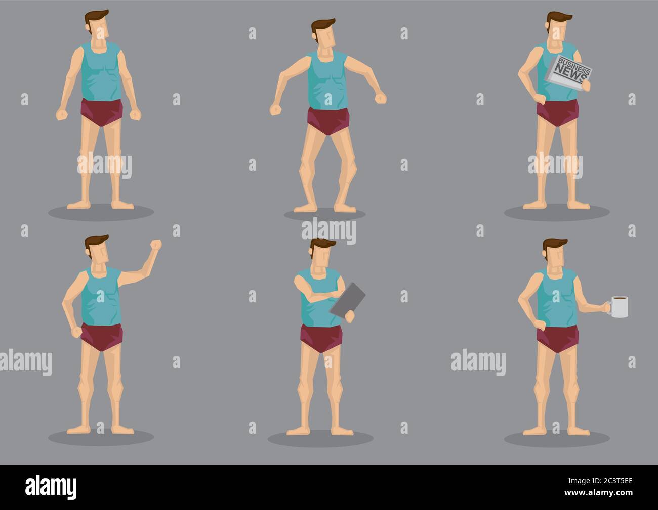 Set of six vector illustrations of barefooted cartoon man wearing sleeves top and shorts in various relaxed gestures isolated on grey background. Stock Vector