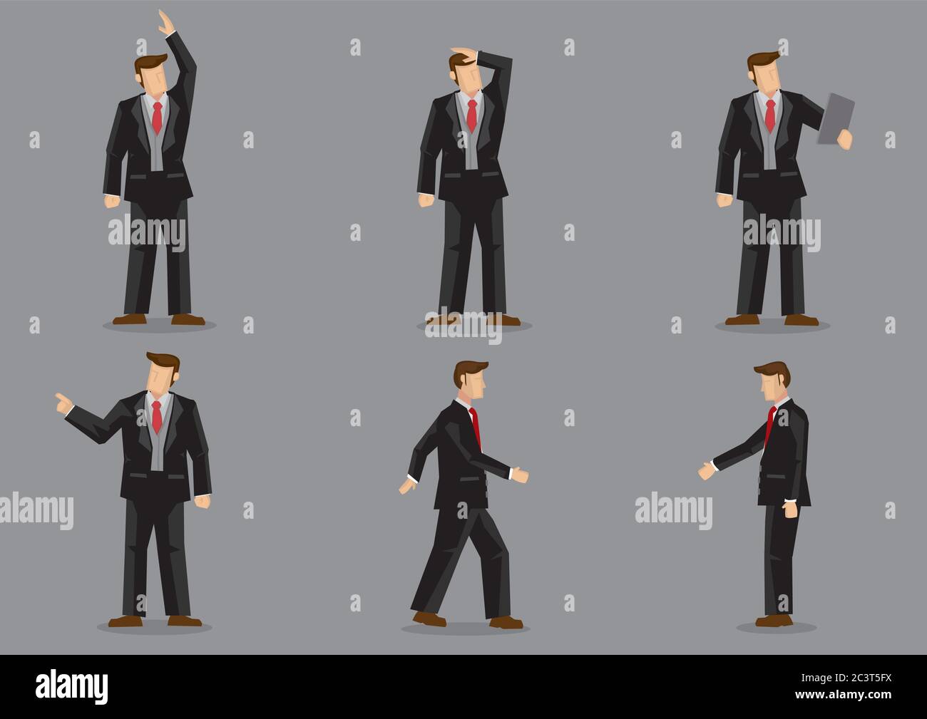 Set of six vector illustrations of cartoon businessman in different gestures isolated on grey background. Stock Vector
