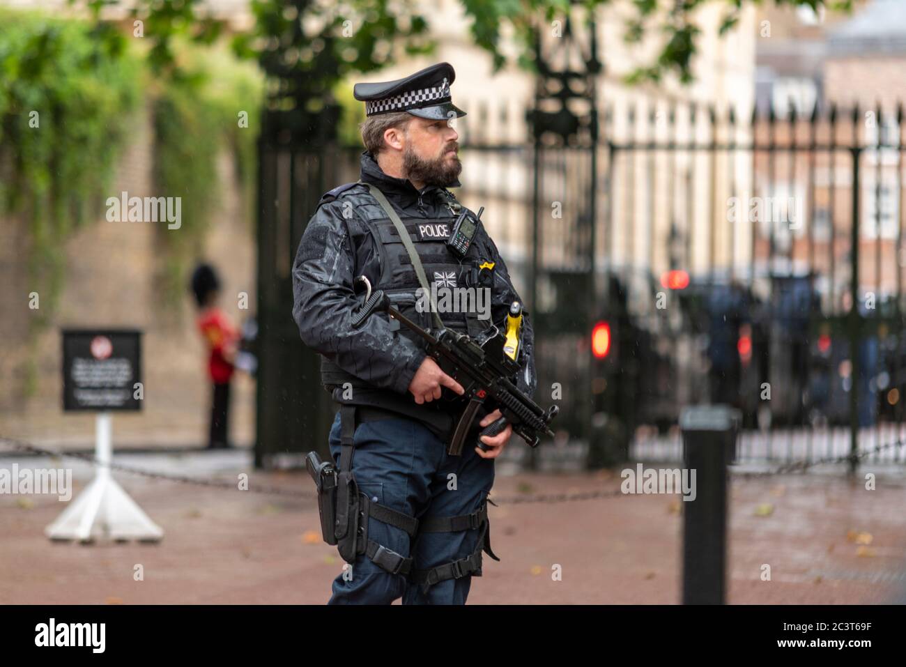 Armed police officer outside gates of Clarence House in The Mall, London, UK, during visit by French president Emmanuel Macron for wartime anniversary Stock Photo