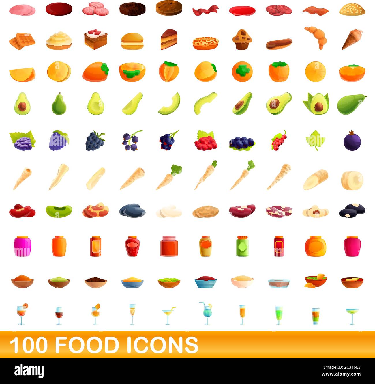 100 food icons set. Cartoon illustration of 100 food icons vector set isolated on white background Stock Vector