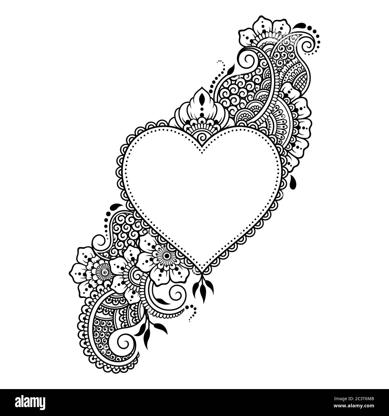 Mehndi flower pattern with heart for Henna drawing and tattoo. Decoration in ethnic oriental, Indian style. Stock Vector