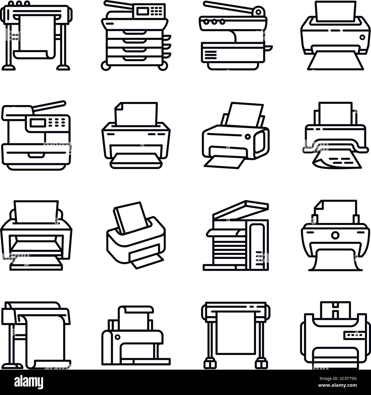 Printer icons set. Outline set of printer vector icons for web design isolated on white background Stock Vector
