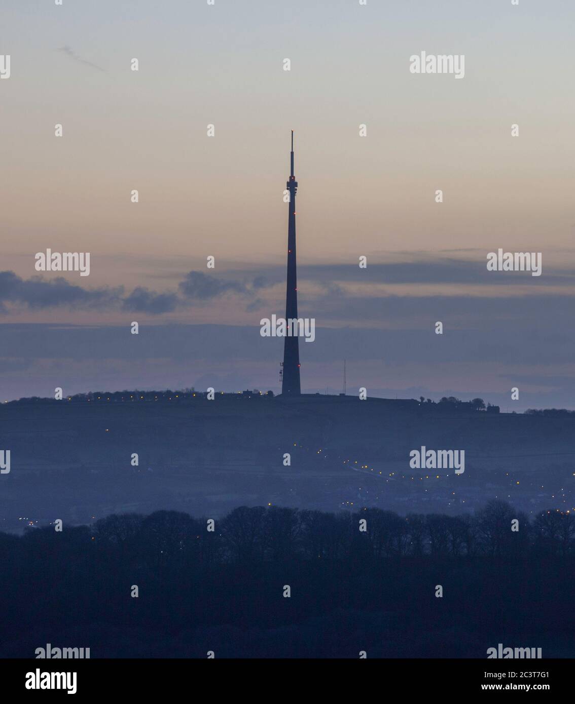 View of Emley Moor TV transmitting station and mast at dawn Stock Photo