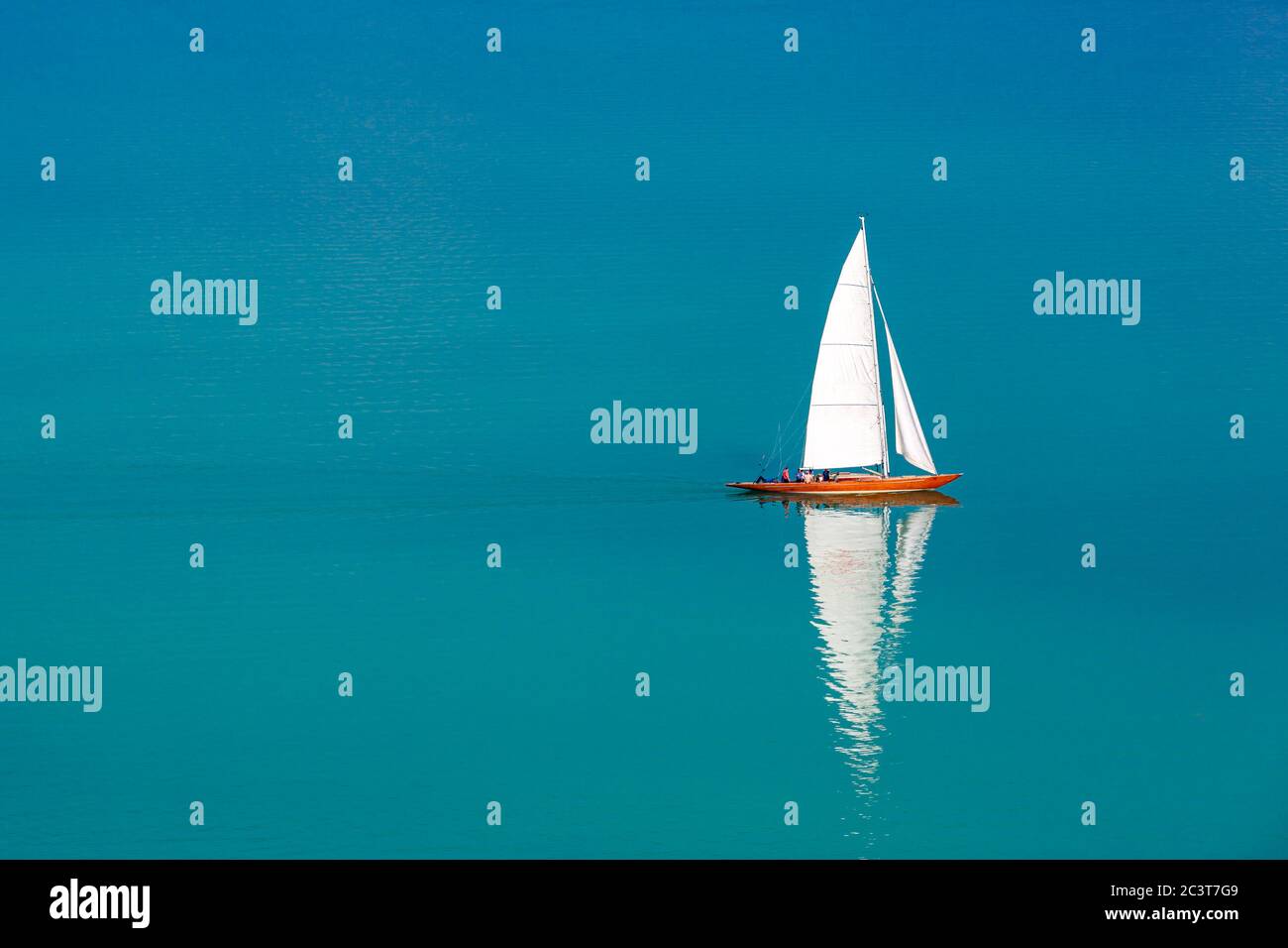 Beautiful sailboat sailing sails blue Mediterranean. Amazing view to