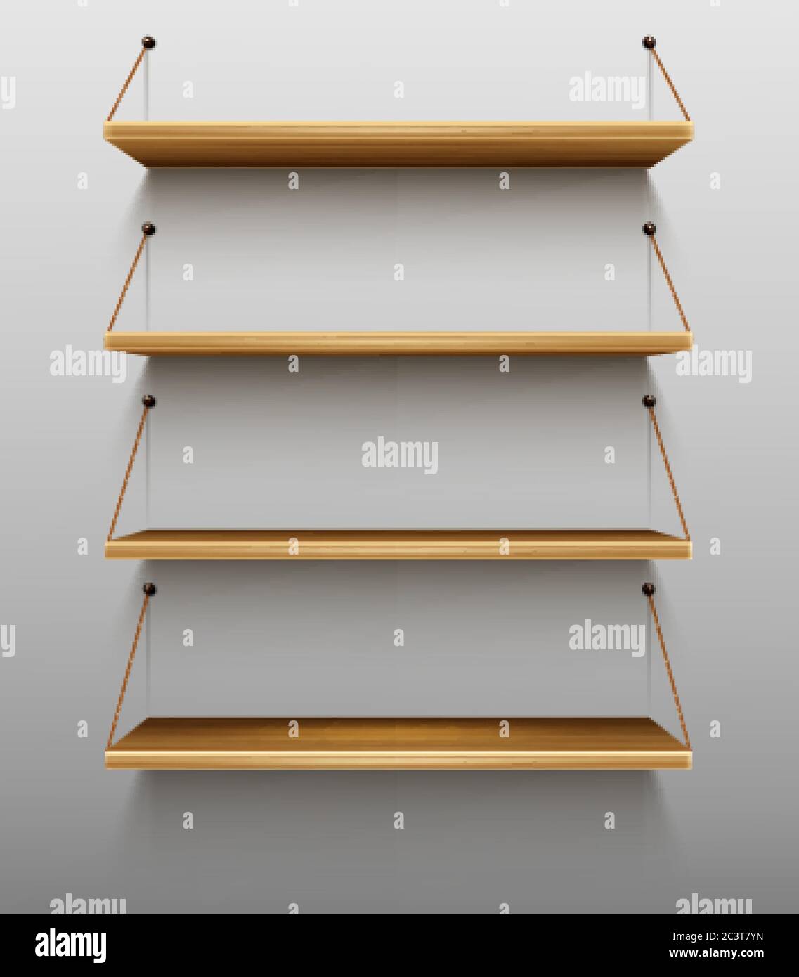 Empty wooden bookshelves on wall, shelves for books in library, wood rack hanging on ropes in store, brown timber planks for storage or gallery exhibition, realistic 3d vector illustration, mockup Stock Vector