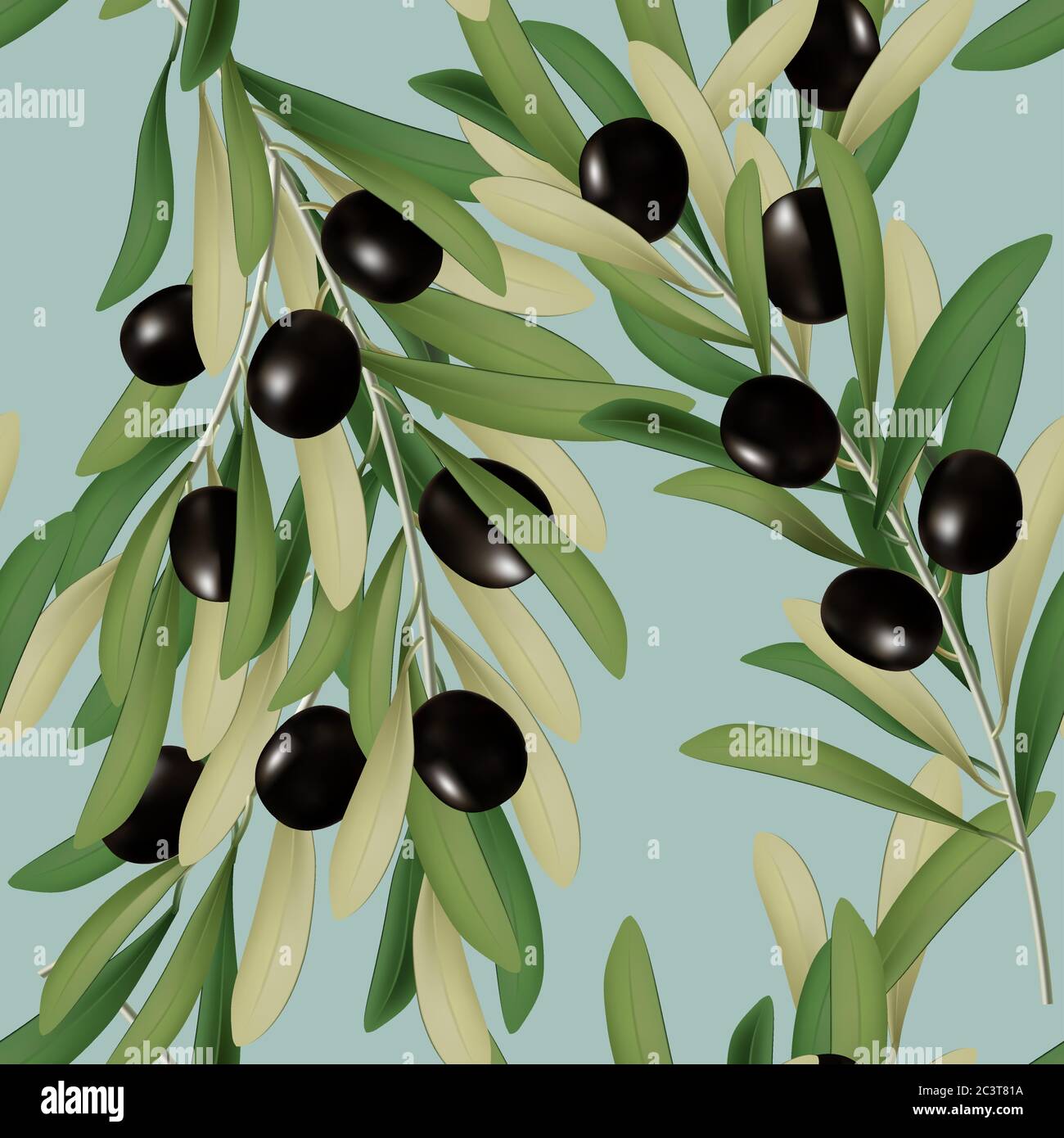Vector 3D Illustration Black Olive with Leaves Seamless Pattern Stock ...