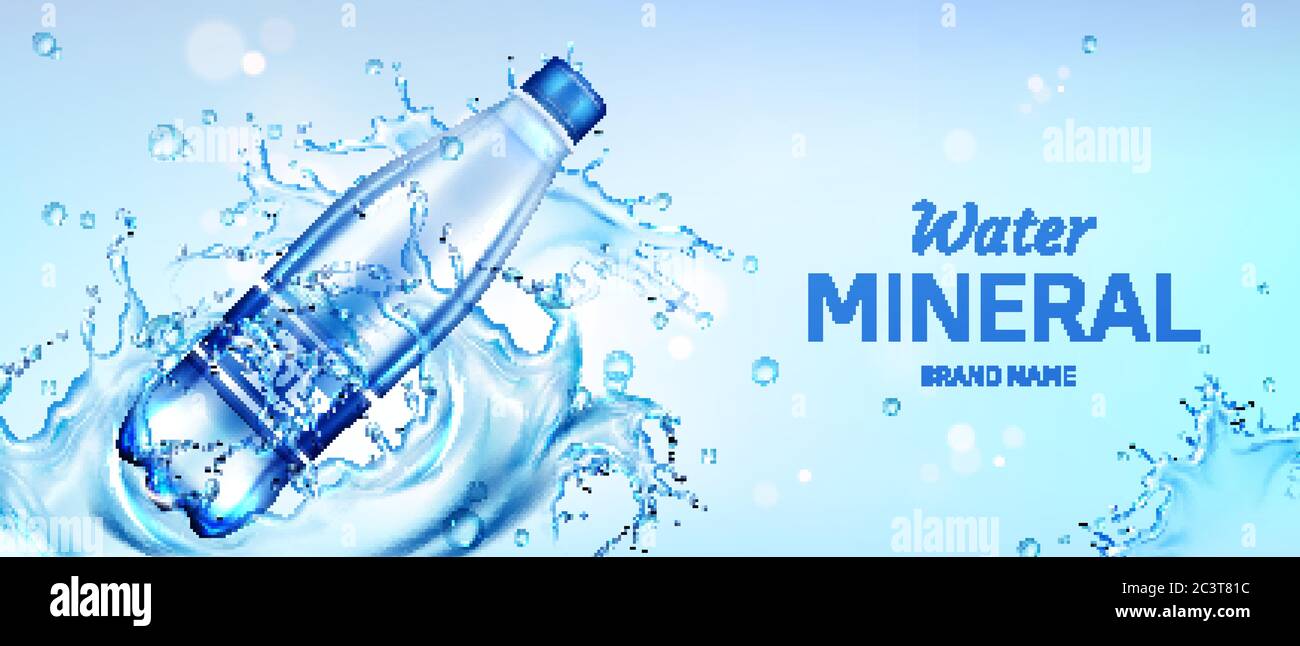 Mineral water bottle ad banner, plastic flask with pure drink and blank