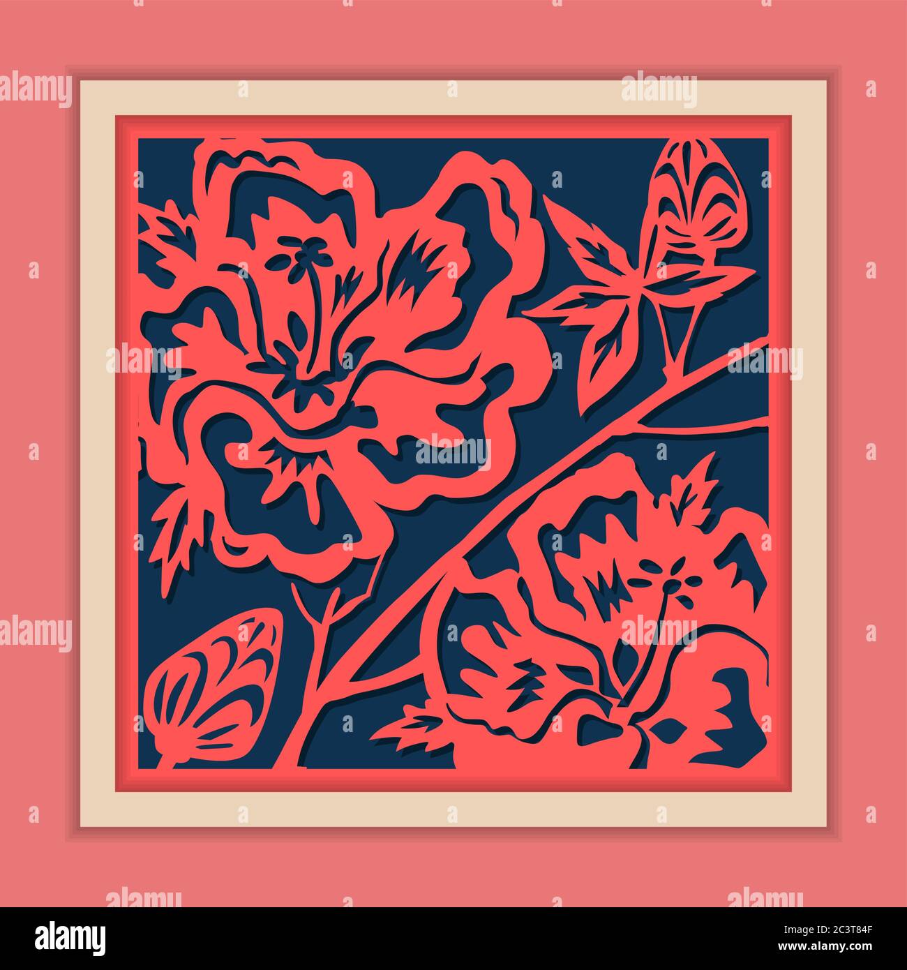 Vector Traditional Framed Chinese Paper Cutting Art, Classic Blue & Pink Stock Vector Image