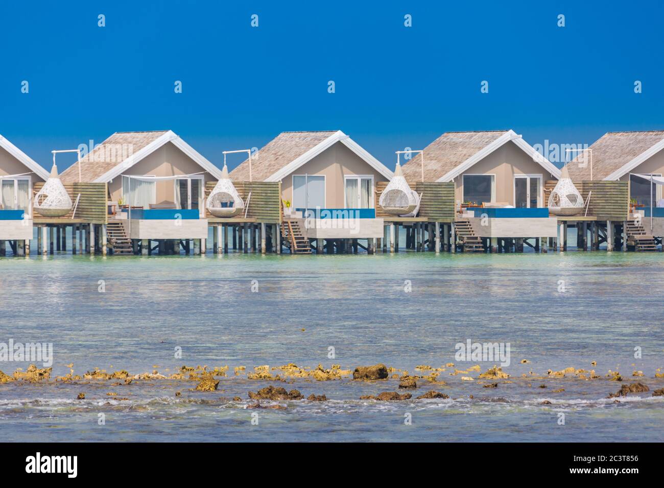 Water villas bungalows the ocean luxury tropical resort, private pool with swings over exotic