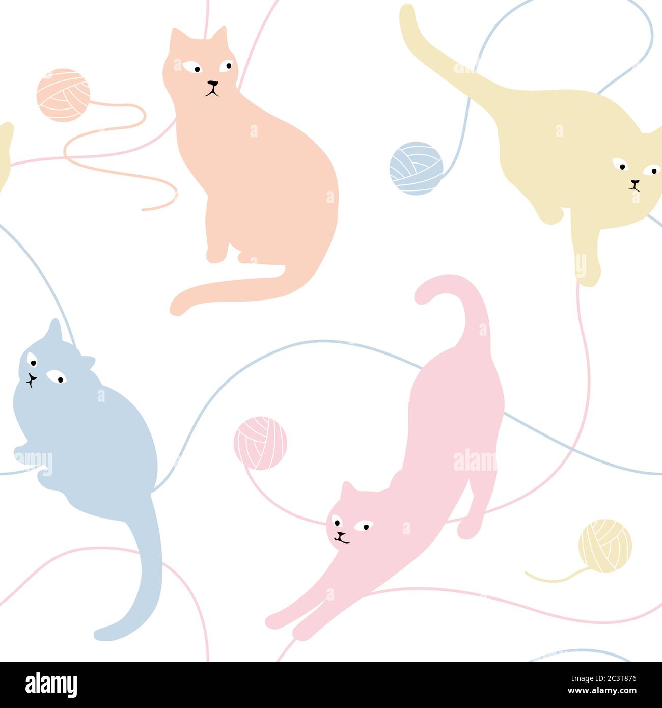 Cat Silhouette Playing Knitting Yarn Ball Seamless Pattern, Multi Pastel Colors. Stock Vector