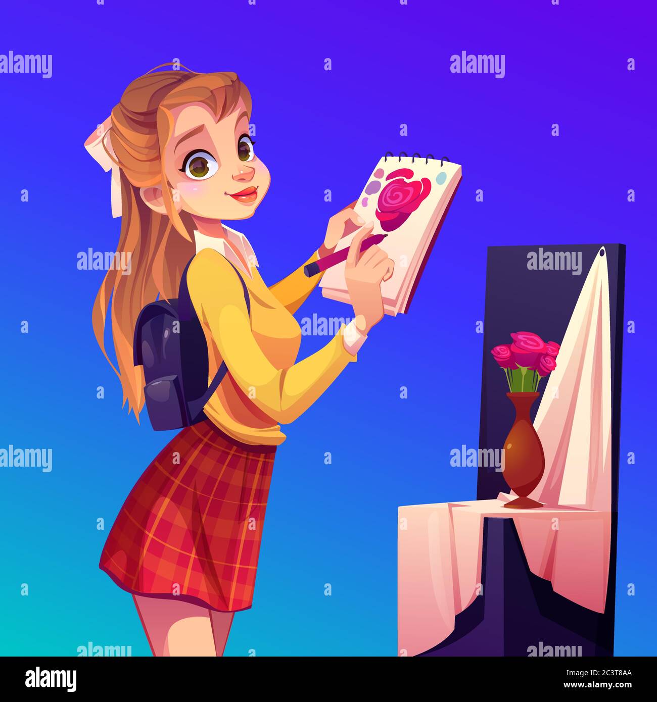 Artist girl paint flowers in vase. Painter young woman in teenage clothes and rucksack on back holding pencil and sketchbook with rose blossom sketch. Workshop studio class Cartoon vector illustration Stock Vector