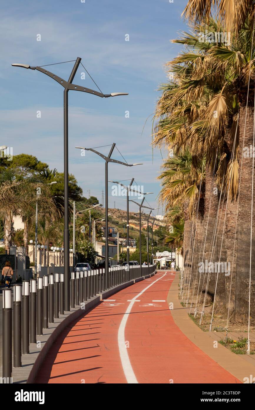 Cycle path along the seafront of Porto Empedocle, Agrigento, Sicily Stock Photo