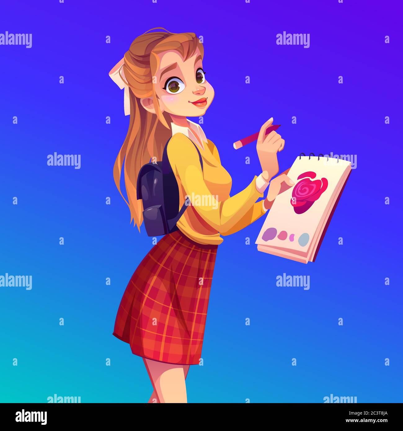 Woman painter with notebook and pencil. Girl student drawing pink heart in album. Vector cartoon teenage girl with ponytail, backpack, paper and marker. Woman create sketch for hobby, study or job Stock Vector