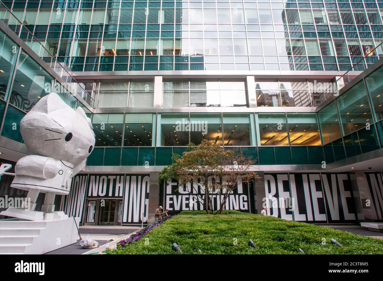 Big white hello kitty at Lever House building in Park Avenue. New York. NYC. USA. Barbara Kruger’s installation at the Lever House on Park Avenue. Whe Stock Photo