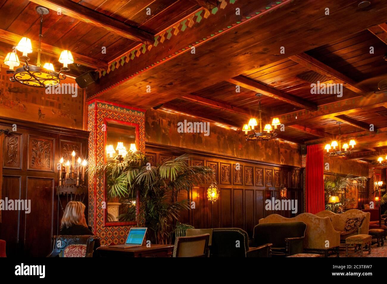The Bowery Hotel. New York City, Manhattan, Little Italy, USA. The Bowery Hotel, lounge with fireplace, 335 Bowery Street. When The Bowery Hotel hoste Stock Photo