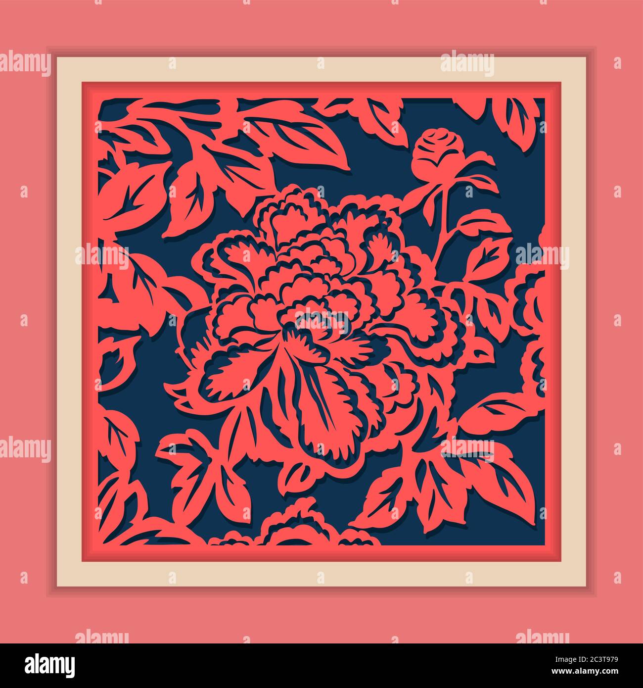 Vector Traditional Framed Chinese Paper Cutting Art, Classic Blue & Pink. Stock Vector