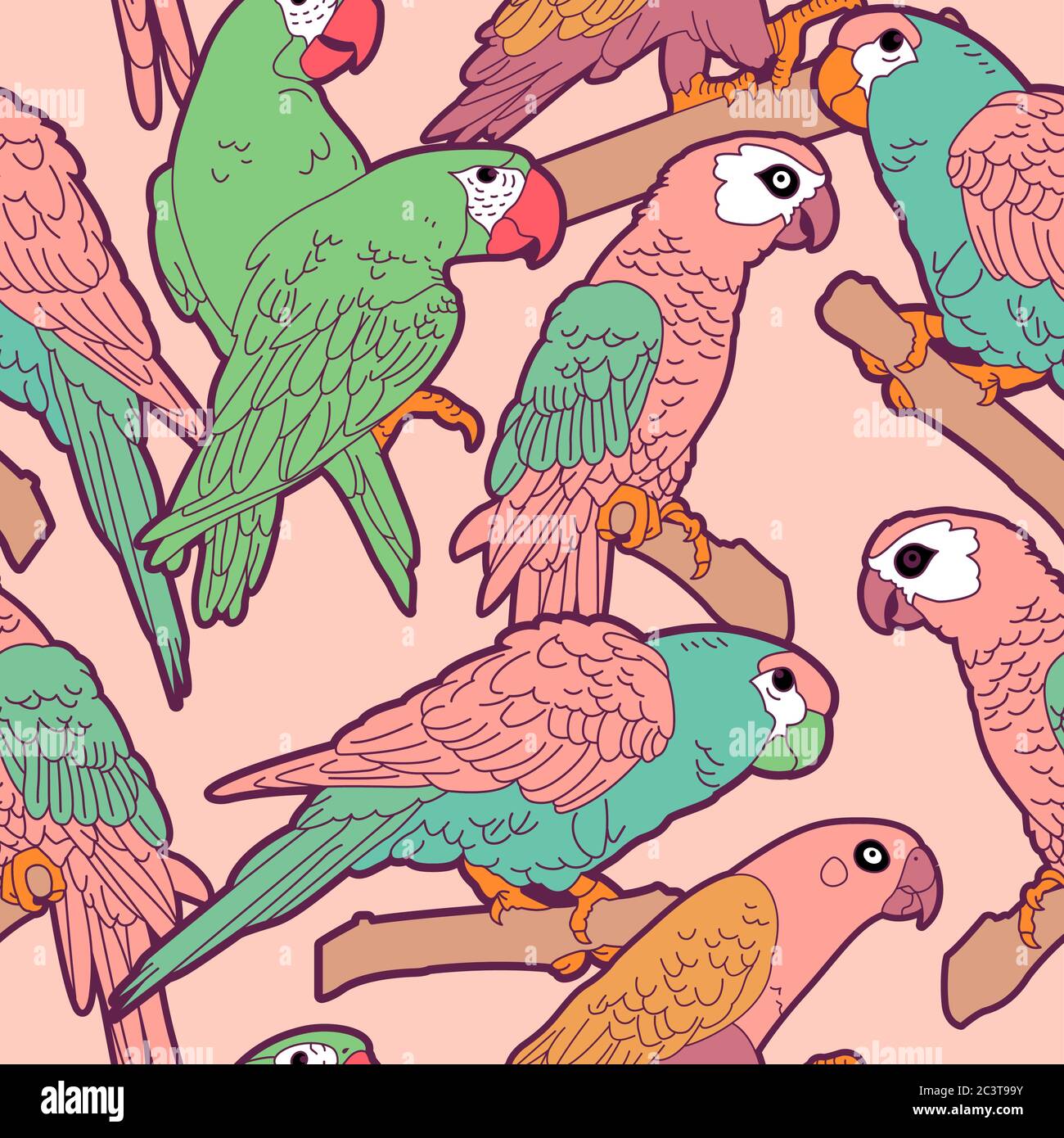 Vector Pastel Parrots Birds Seamless Pattern, Pink & Turquoise Themed ...