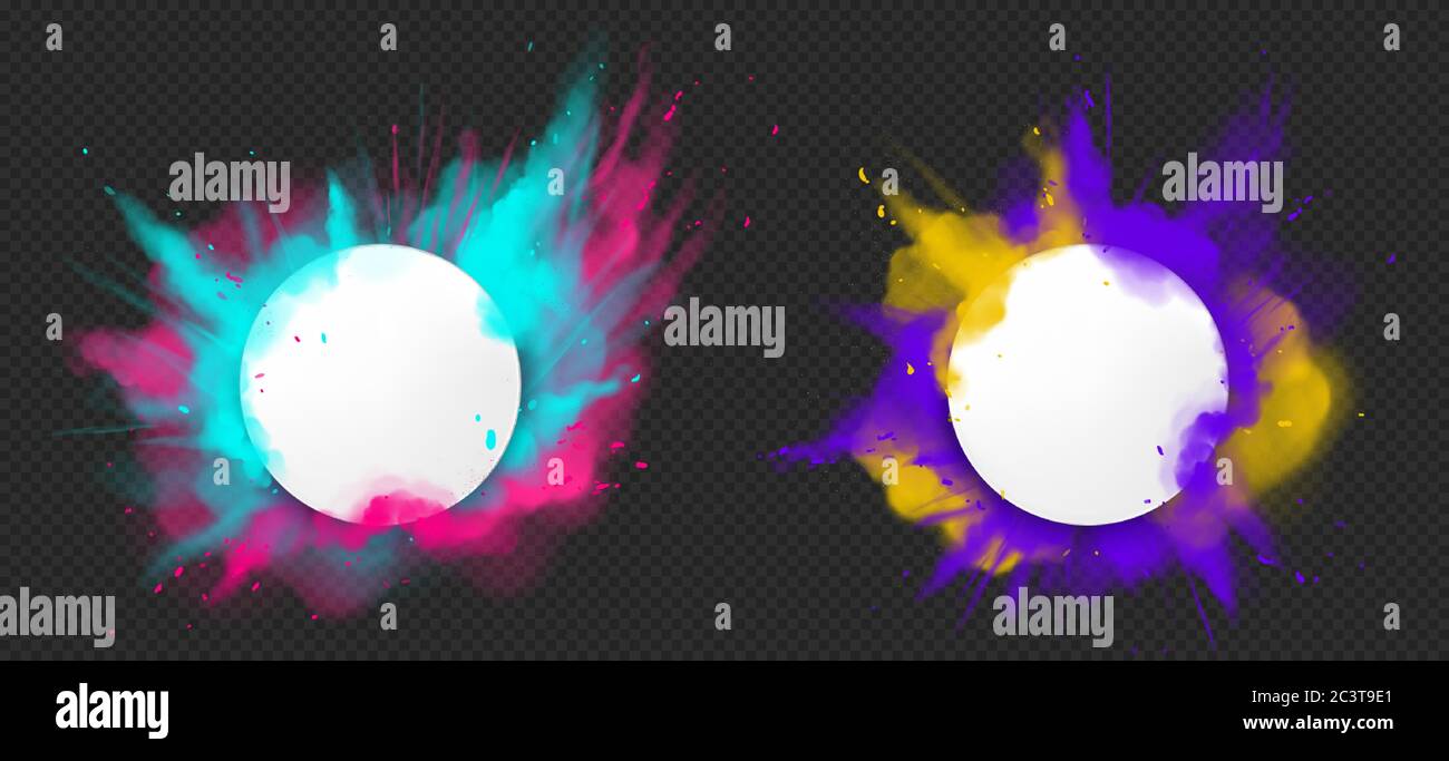 Color powder explosions. Splash of paint dust with white round banner. Vector realistic clouds of colorful powder, burst effect with copy space for text isolated on transparent background Stock Vector