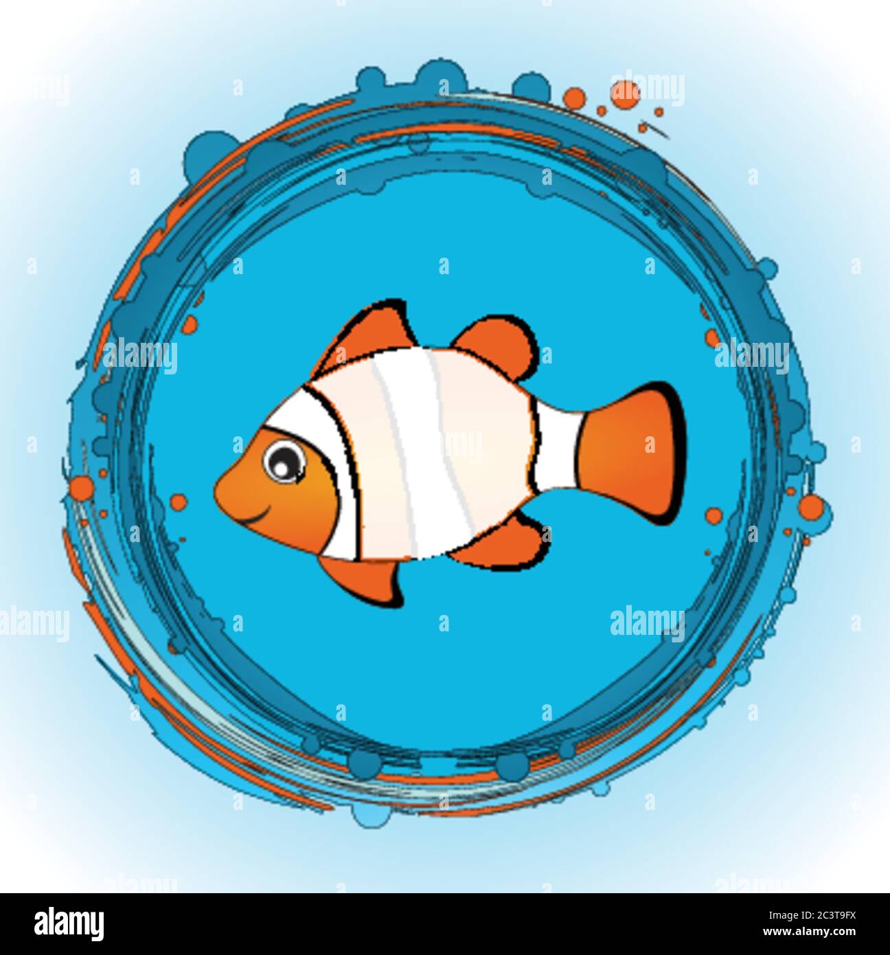Hand Drawn Cute Tropical Nemo Fish With Blank Copy Space On His Body Over Circular Blue And Orange Border And White And Blue Background Stock Vector