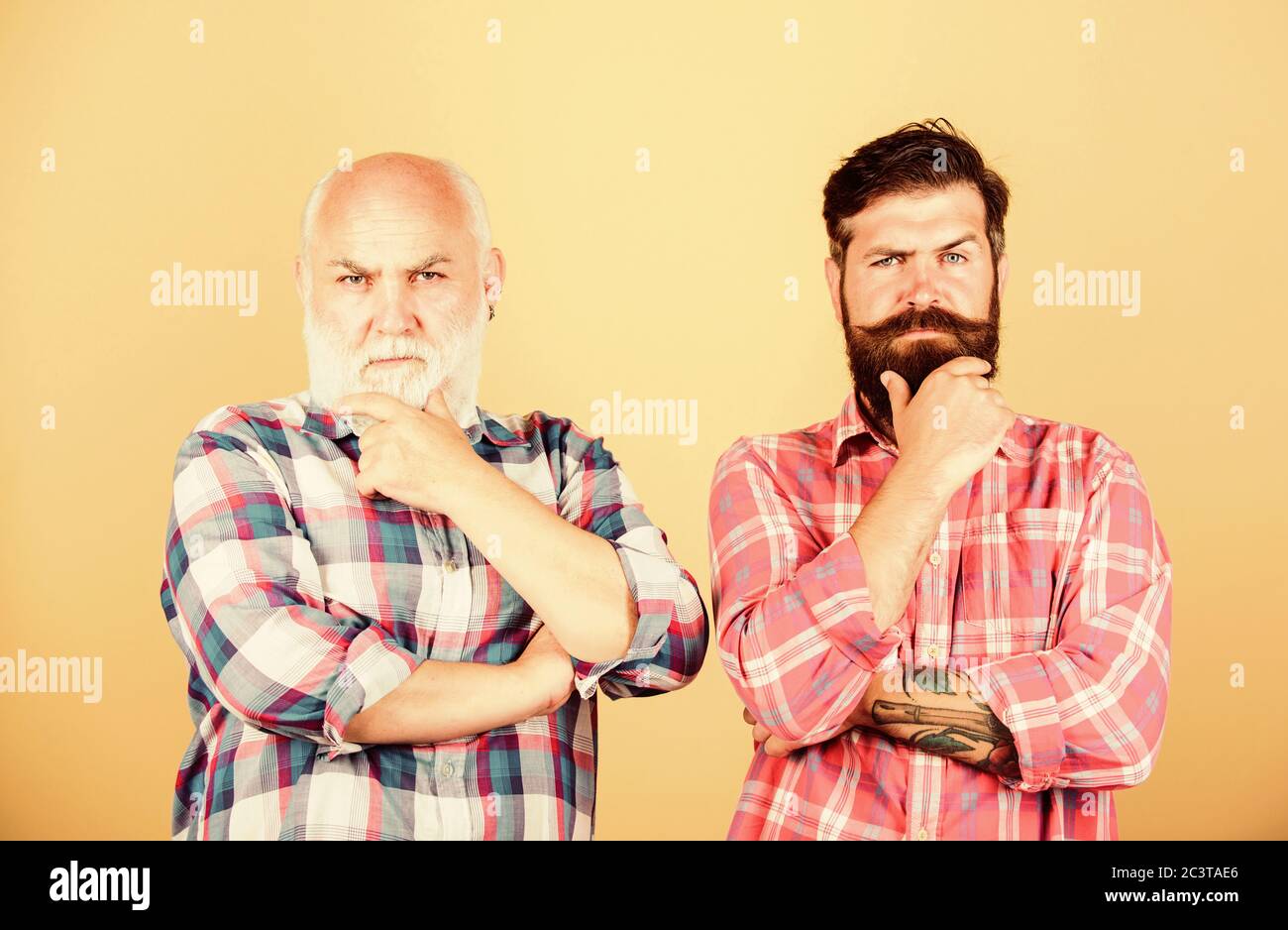 brutal and confident. youth vs old age compare. retirement. two bearded