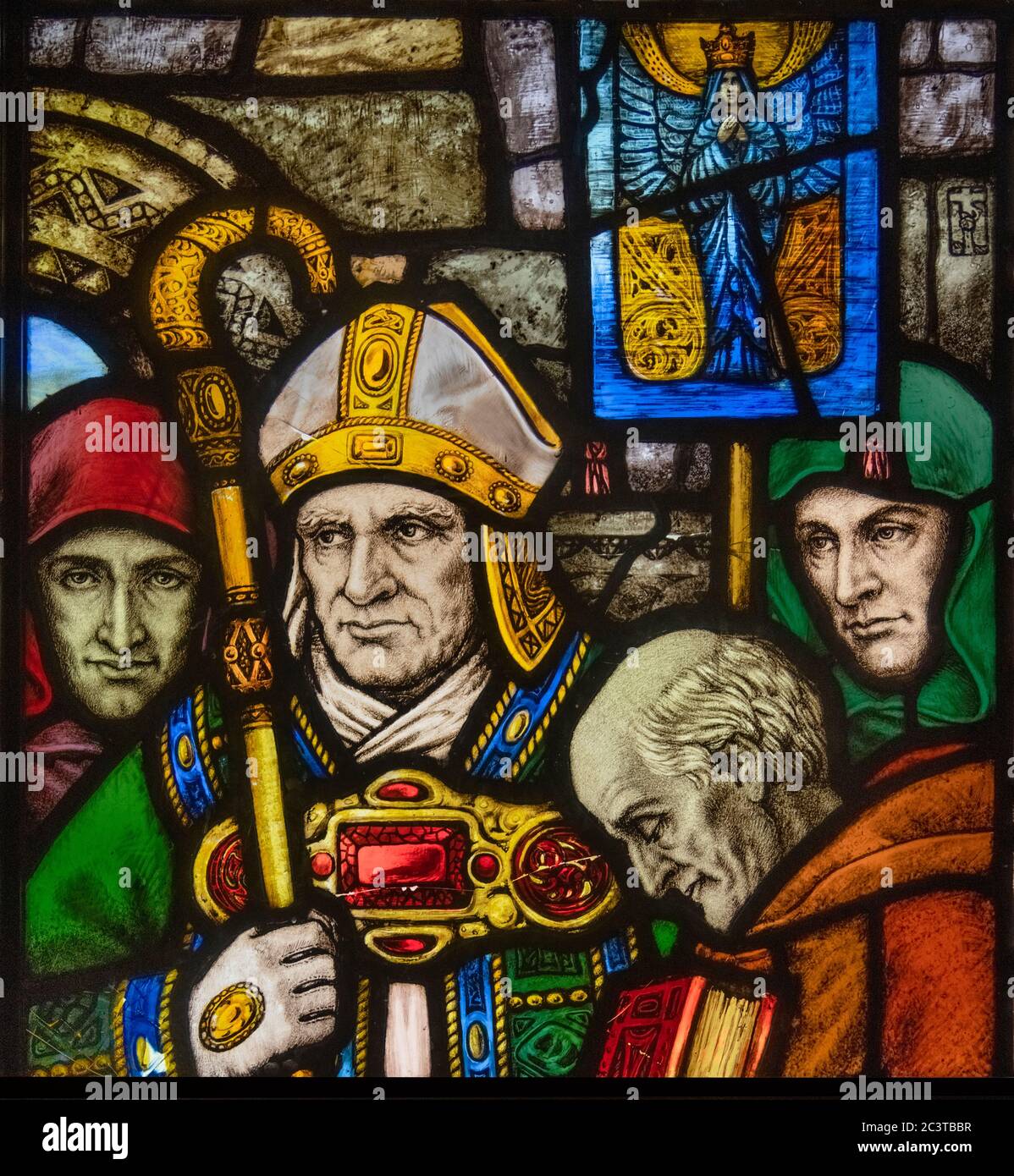 Ireland, County Cork, Cork City, Crawford Art Gallery, Stained glass window by Harry Clarke depicting the consecration of Saint Mel as Bishop of Longford by Saint Patrick. Stock Photo
