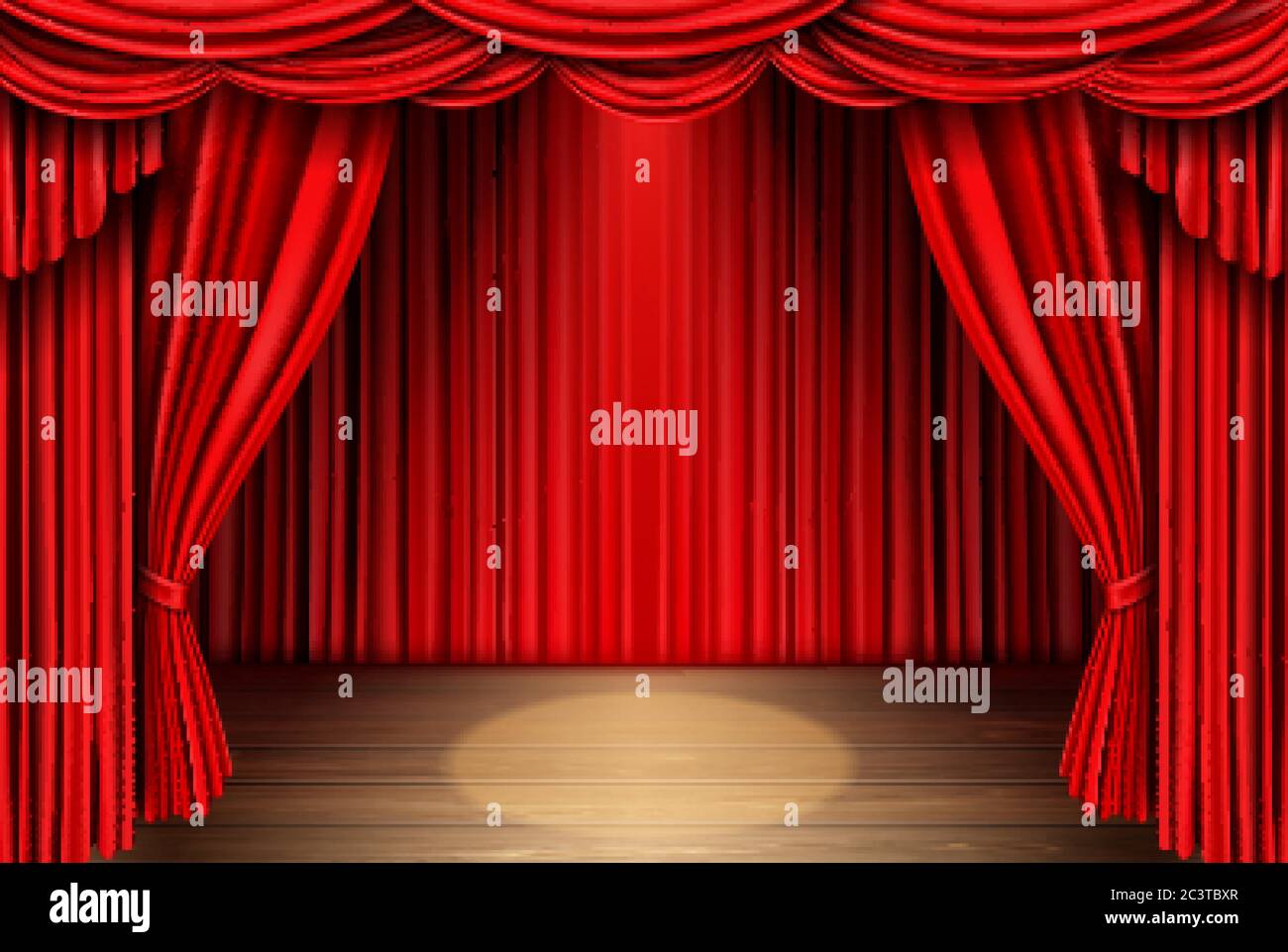 Red stage curtain and wooden floor realistic vector. Theater, opera scene drape backdrop, concert grand opening or cinema premiere backstage, portiere for ceremony performance template 3d illustration Stock Vector