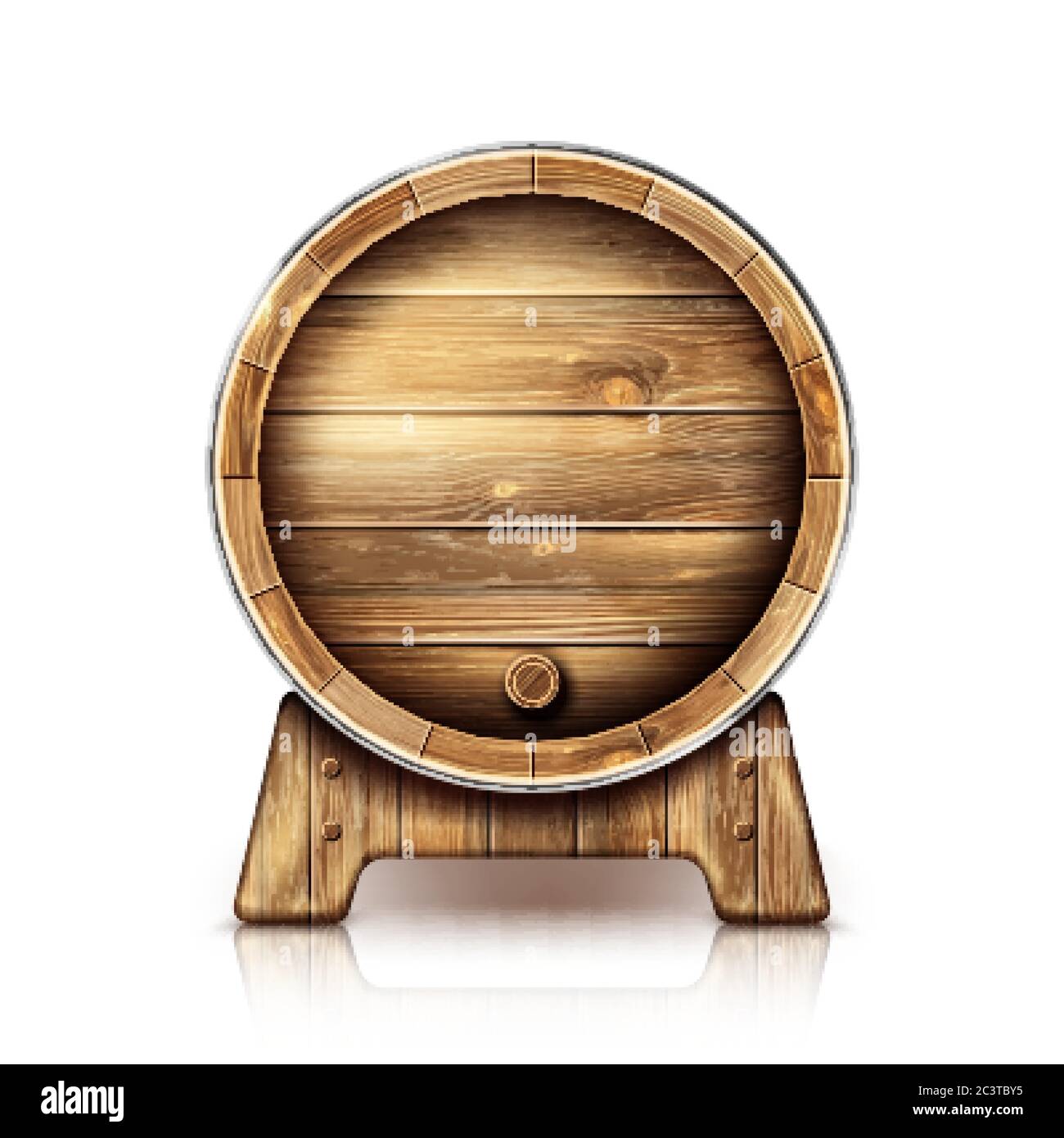 Wooden barrel for wine or beer. Cask from oak wood on stand for brewery or winery. Vector realistic keg for whiskey, rum or cognac isolated on white background in front view Stock Vector